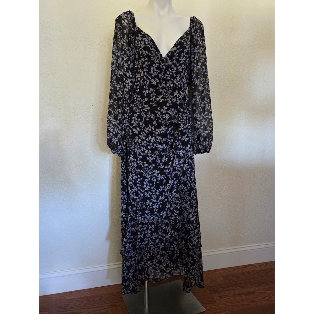 Lush‎ Womens Blue Floral Long Sleeve Maxi Dress Black V-Neck Chiffon Size Large